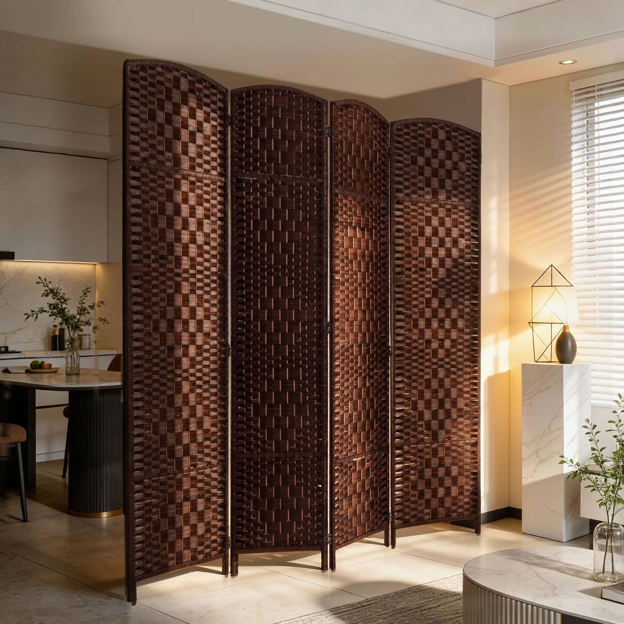 Alt View 8. Homcom - Divider 4 Panel, 6FT Tall Folding Privacy Screen, Freestanding Hand-Woven Partition for Room Separation with 360° Hinges - Brown.