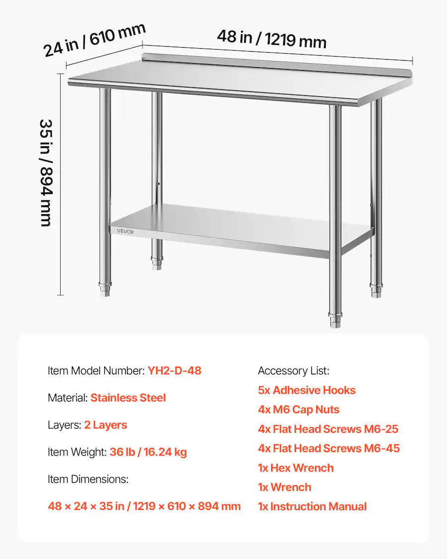 VEVOR Stainless Steel Work Table, 24x48 Inch Food Prep Table with ...