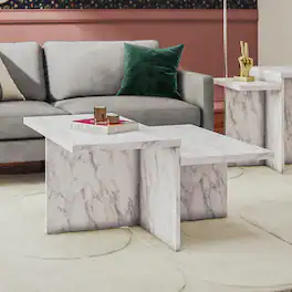 Aukfa - Two-Tiered Coffee Table - Faux Marble, Engineered Wood, 20lb per Tier, 35.5"W x 35.3"D - White