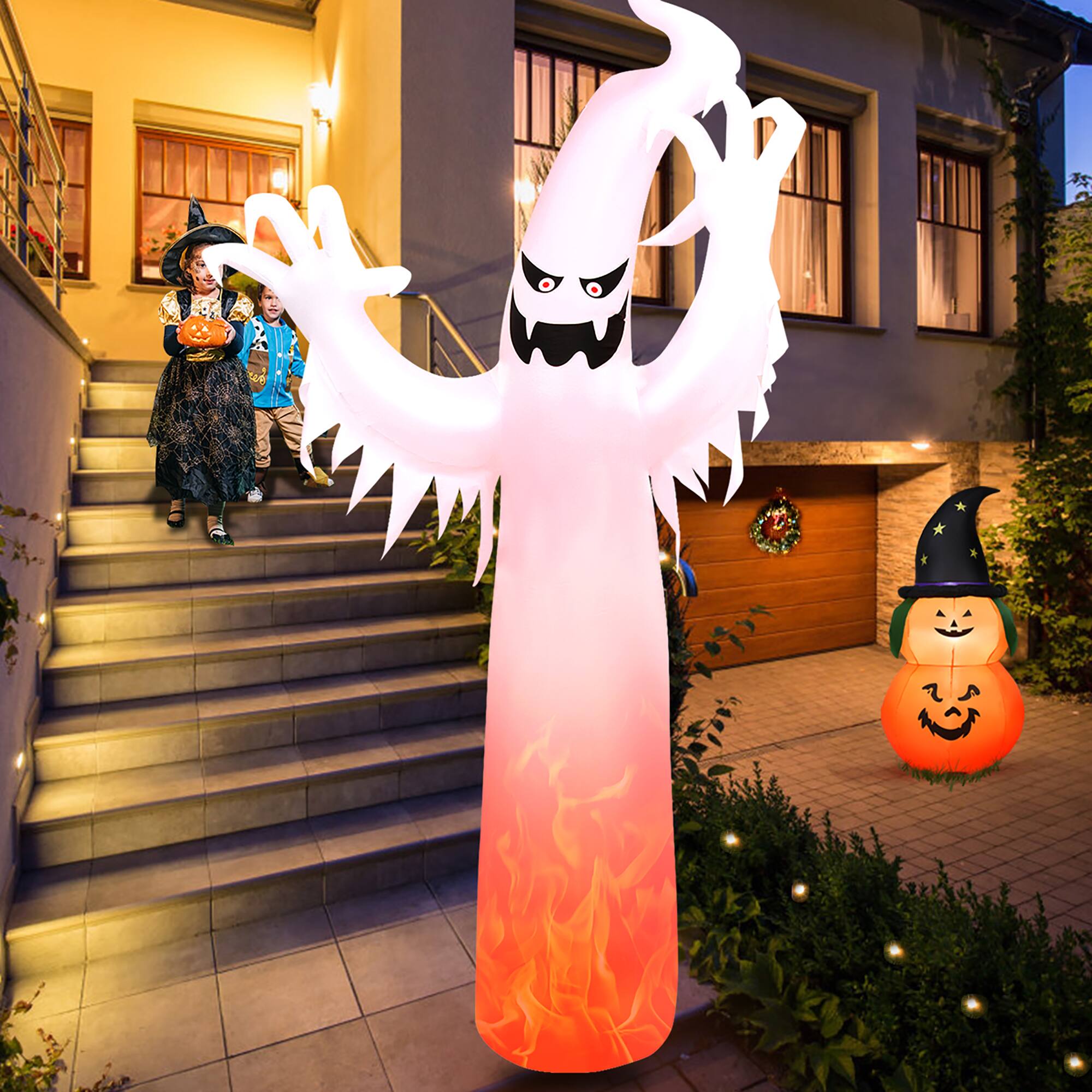Front. Costway - 12 Ft Halloween Inflatable Ghost Yard Decoration w/ Built-in LED Lights - White.