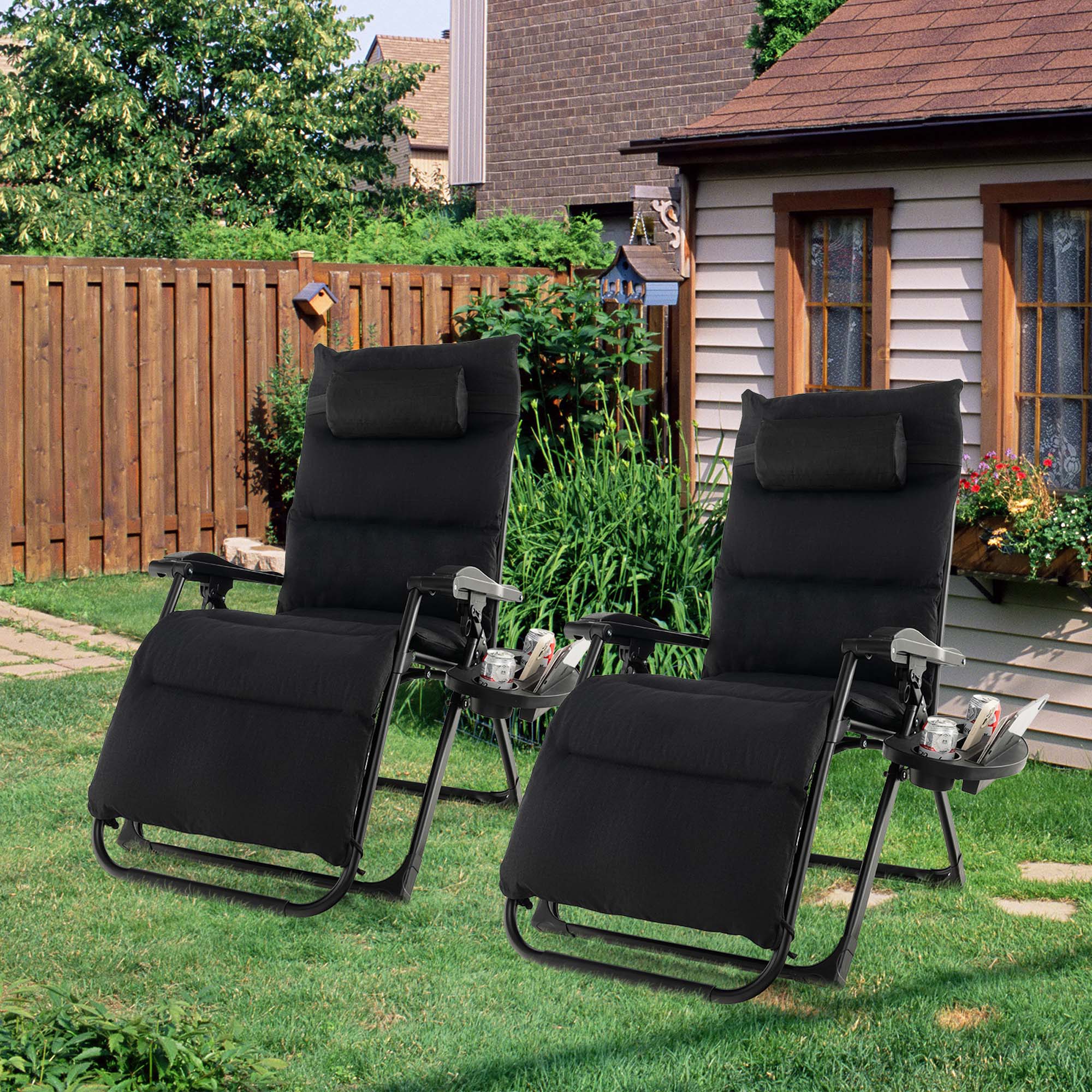 Alt View 1. Costway - Costway 2PCS Patio Zero Gravity Lounge Chair Cushion Tray Folding Outdoor Recliner - Black.