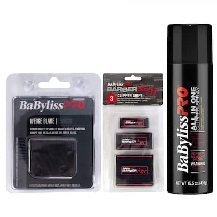 BaByliss PRO WEDGE BLADE FX603B
SHORT AND STEEP-ANGLED BLADE CREATES A NEUTRAL SHAPE THAT ACTS AS A FADE OR TAPER BLADE
FITS/POUR/PARA FX870, XB25 AND FX673 MODELS
BaByliss PRO BARBER ology 3 CLIPPER GRIPS
FOR TRIMMER, SHAVES AND CLIPPER
BaByliss PRO ALL IN ONE SPRAY
CLEANS, LUBRICATES AND PROTECTS
KEEP CHILDREN OUT OF REACH
NET WT 15.5 oz. (439g)