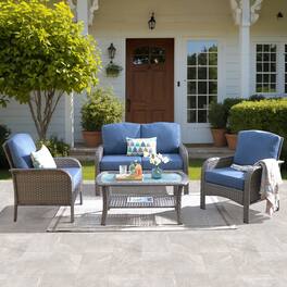 Ovios - 4 PCS Patio Furniture Set, Outdoor Wicker Sofa with Armchairs & Coffee Table for Garden - Denim Blue