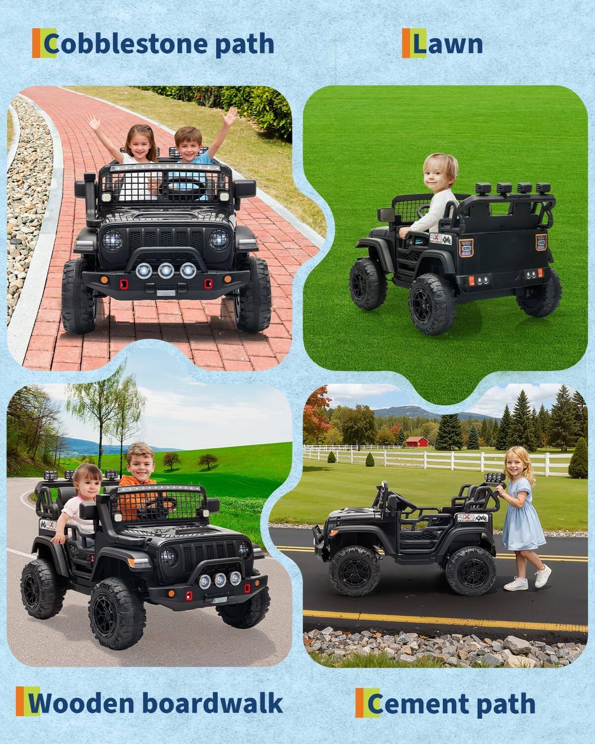 - Cobblestone path
- Lawn
- Wooden boardwalk
- Cement path