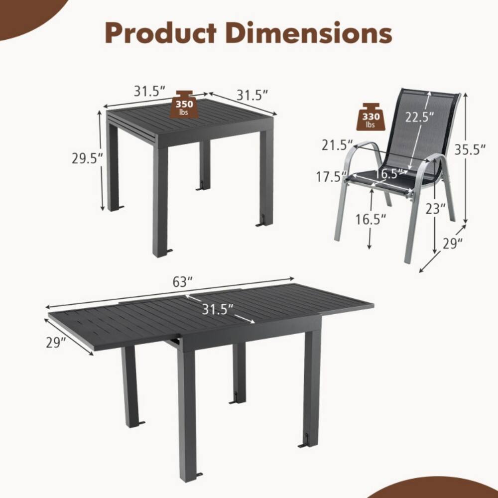 Product Dimensions:  
- Table: 31.5" x 31.5" (350 lbs capacity), 29.5" height  
- Bench: 63" x 31.5"  
- Chair: 22.5" x 17.5" x 35.5" (330 lbs capacity)
