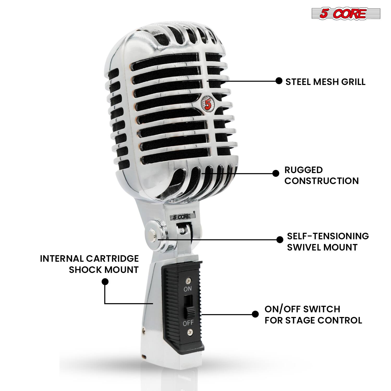 5 CORE STEEL MESH GRILL  
5 RUGGED CONSTRUCTION  
INTERNAL CARTRIDGE SHOCK MOUNT  
SELF-TENSIONING SWIVEL MOUNT  
ON/OFF SWITCH FOR STAGE CONTROL
