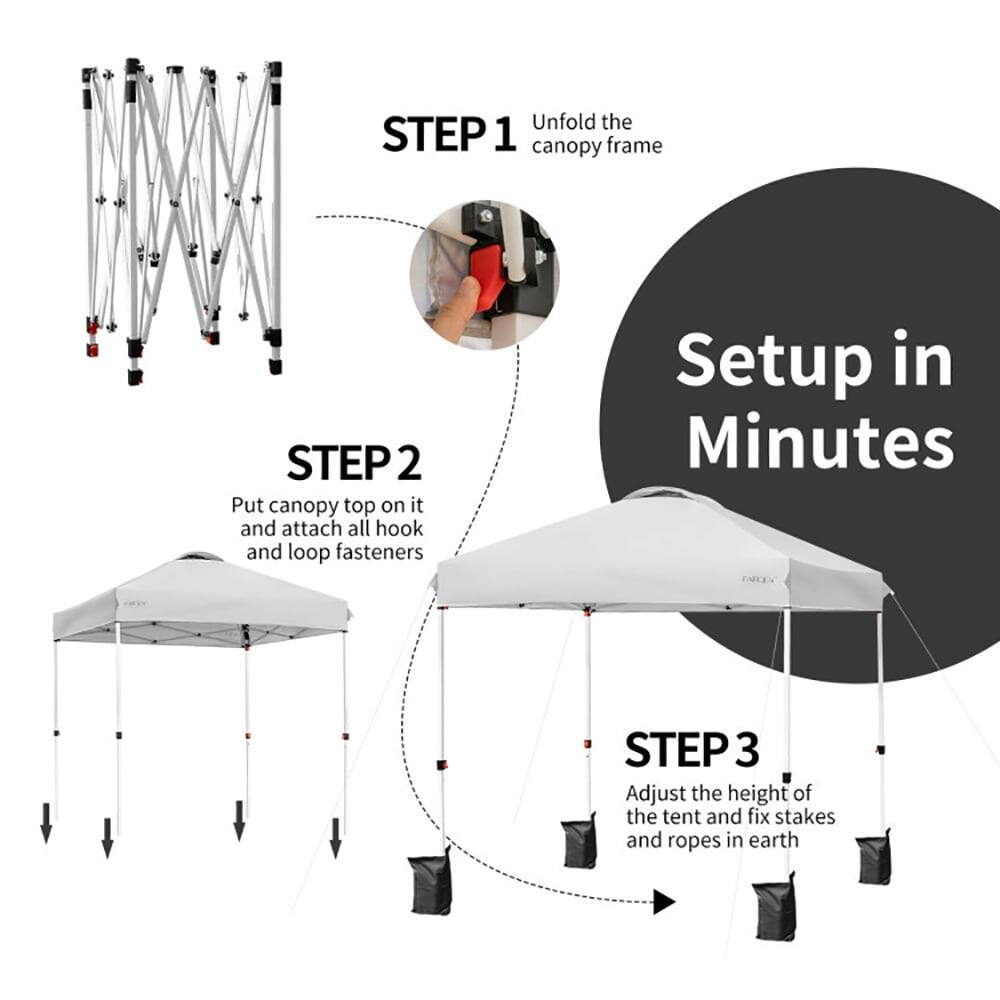 Unfold the canopy frame (STEP 1)

Put canopy top on it and attach all hook and loop fasteners (STEP 2)

Adjust the height of the tent and fix stakes and ropes in earth (STEP 3)

Setup in Minutes