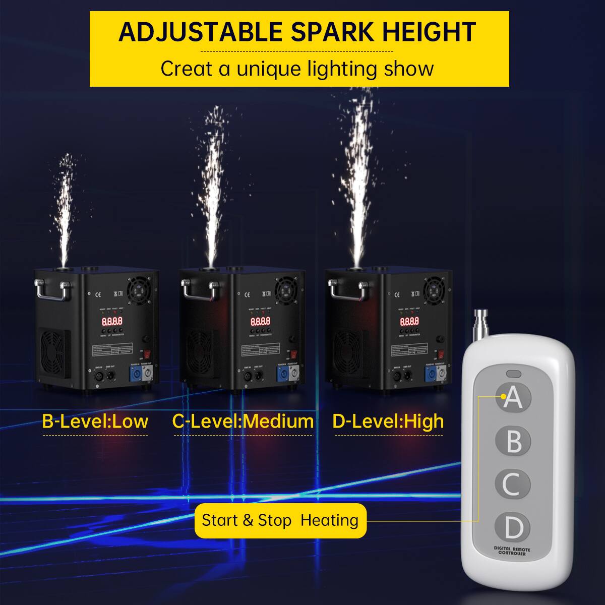 ADJUSTABLE SPARK HEIGHT  
Create a unique lighting show  

B-Level: Low  
C-Level: Medium  
D-Level: High  

Start & Stop Heating  

DIGITAL REMOTE CONTROL