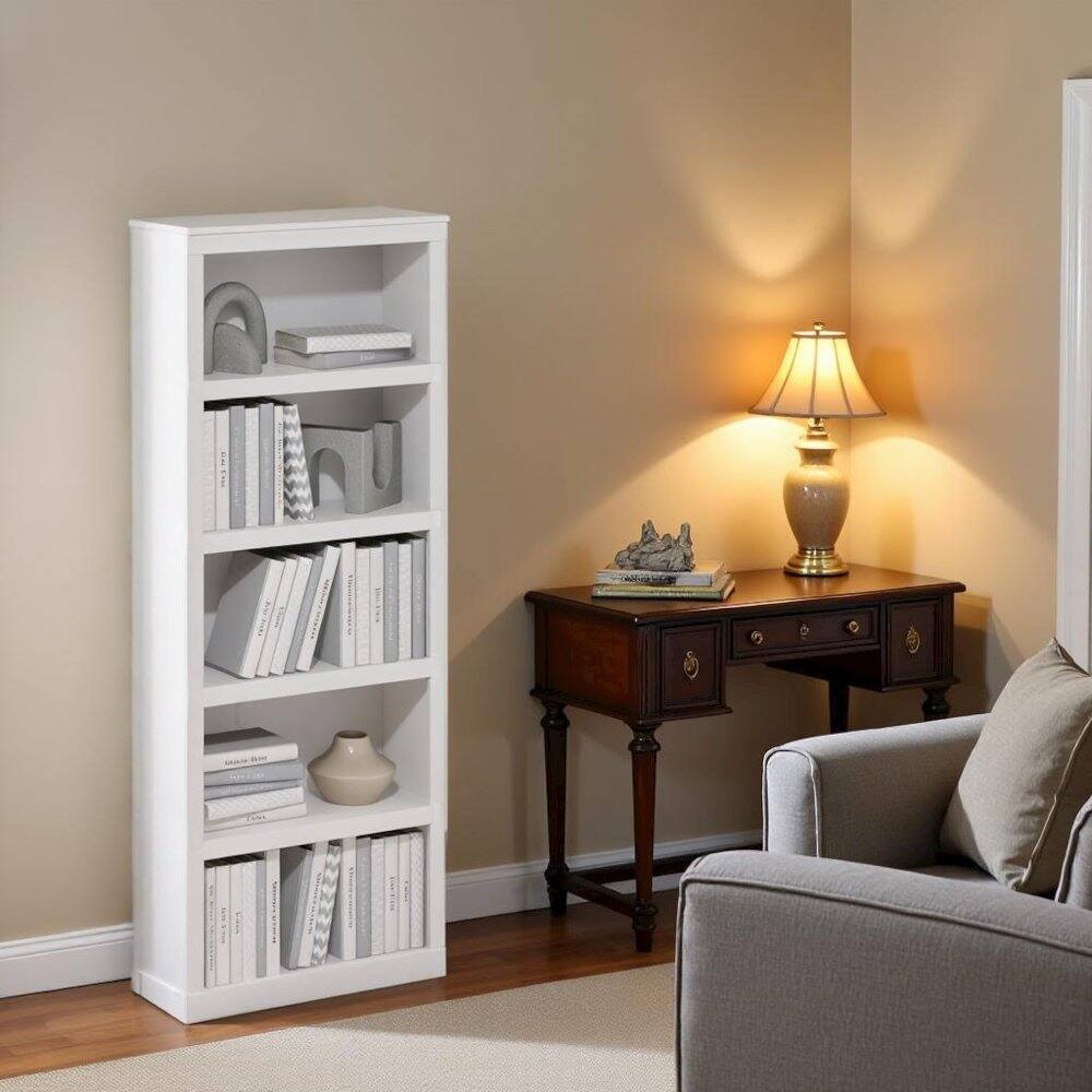 Back. FurniFact - White Wooden Book Shelf with Five-Tier Wooden Shelves for Home or Office - White.