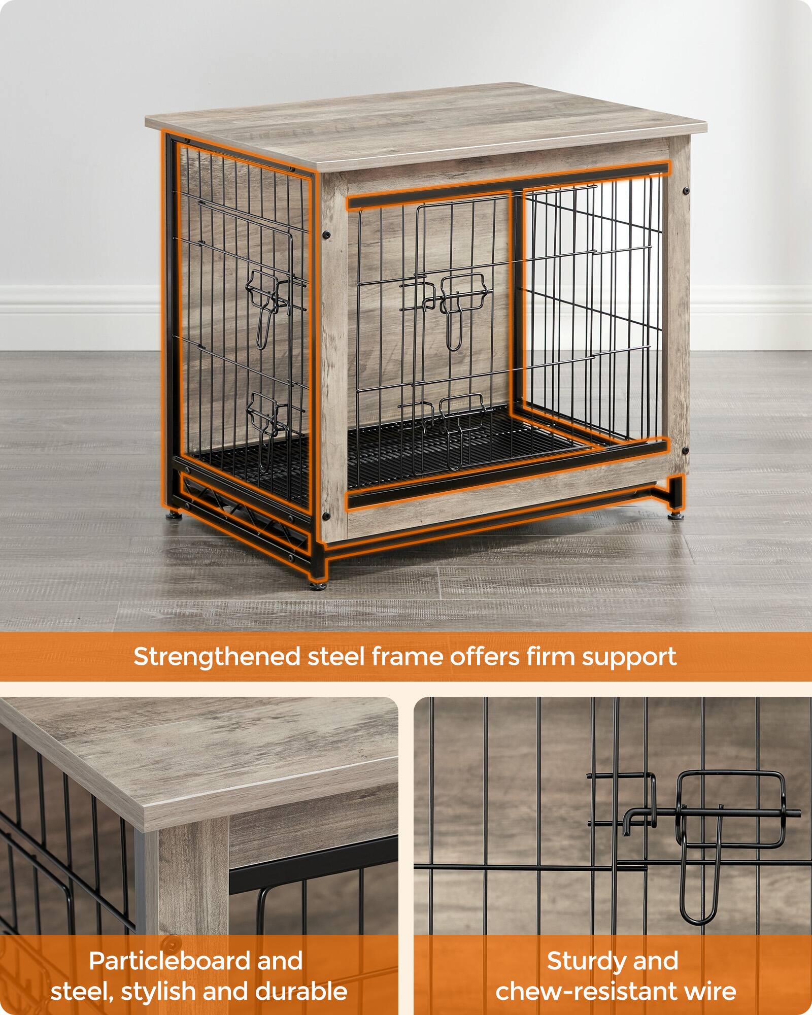 - Strengthened steel frame offers firm support
- Particleboard and steel, stylish and durable
- Sturdy and chew-resistant wire