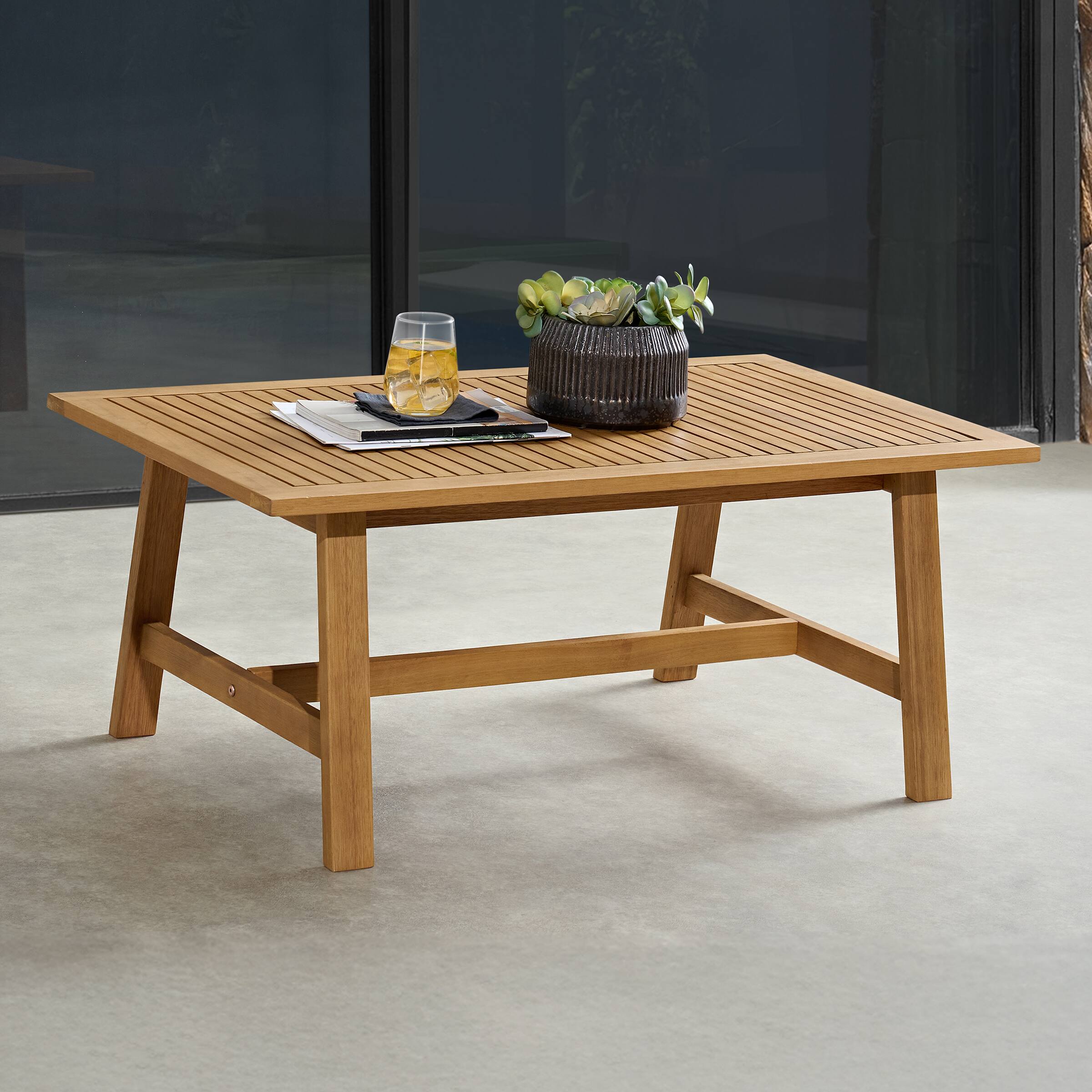 Alt View 4. Alaterre Furniture - Weyra Outdoor Coffee Table - 39.4” Weather-Resistant Eucalyptus Wood Small Outdoor Table with Slatted Tabletop - Brown.
