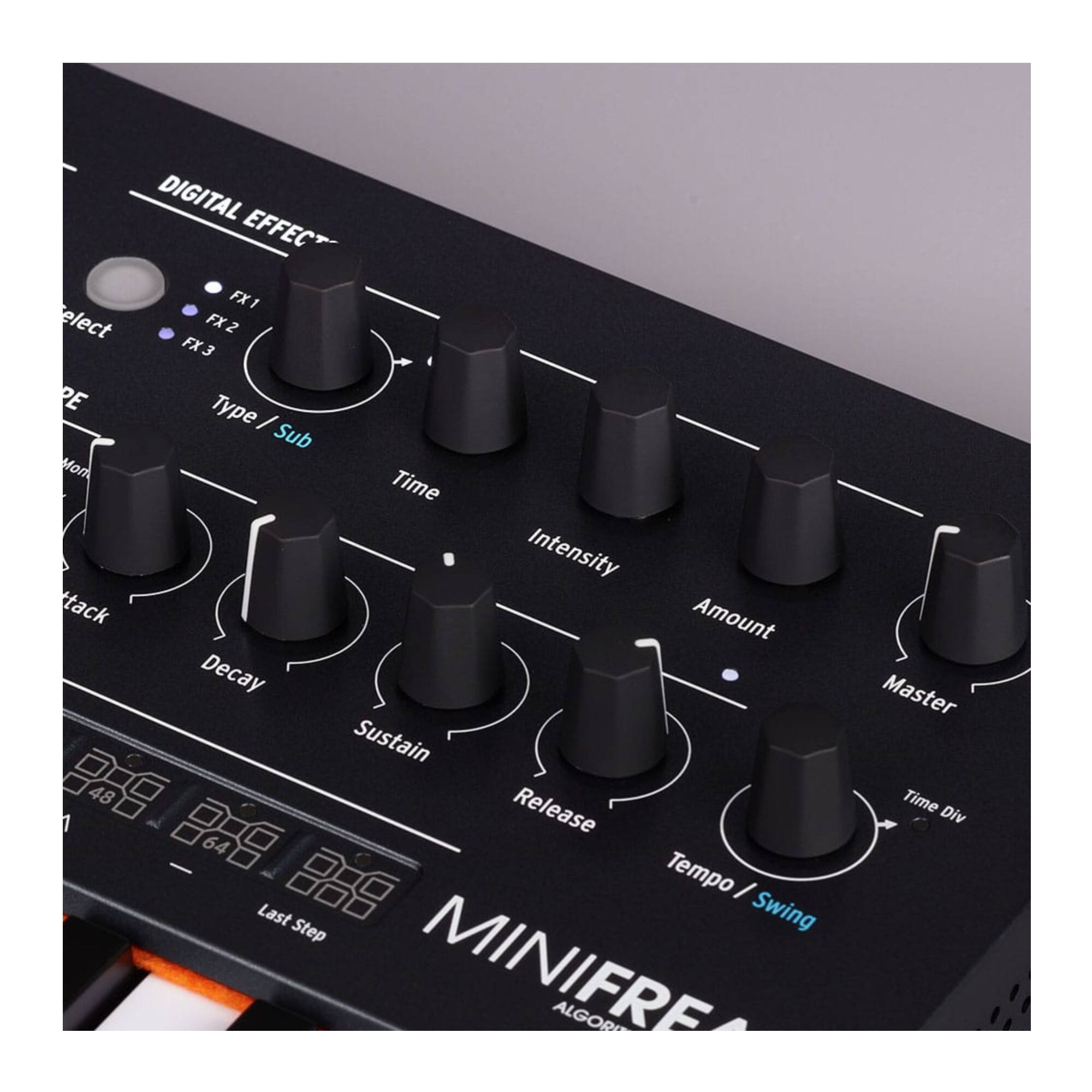 DIGITAL EFFECT

FX1 FX2 FX3
Select

Type / Sub
Time
Intensity
Amount
Attack
Decay
Sustain
Release
Master
Tempo / Swing
Time Div

MINIFRE ALGORITHM

Last Step