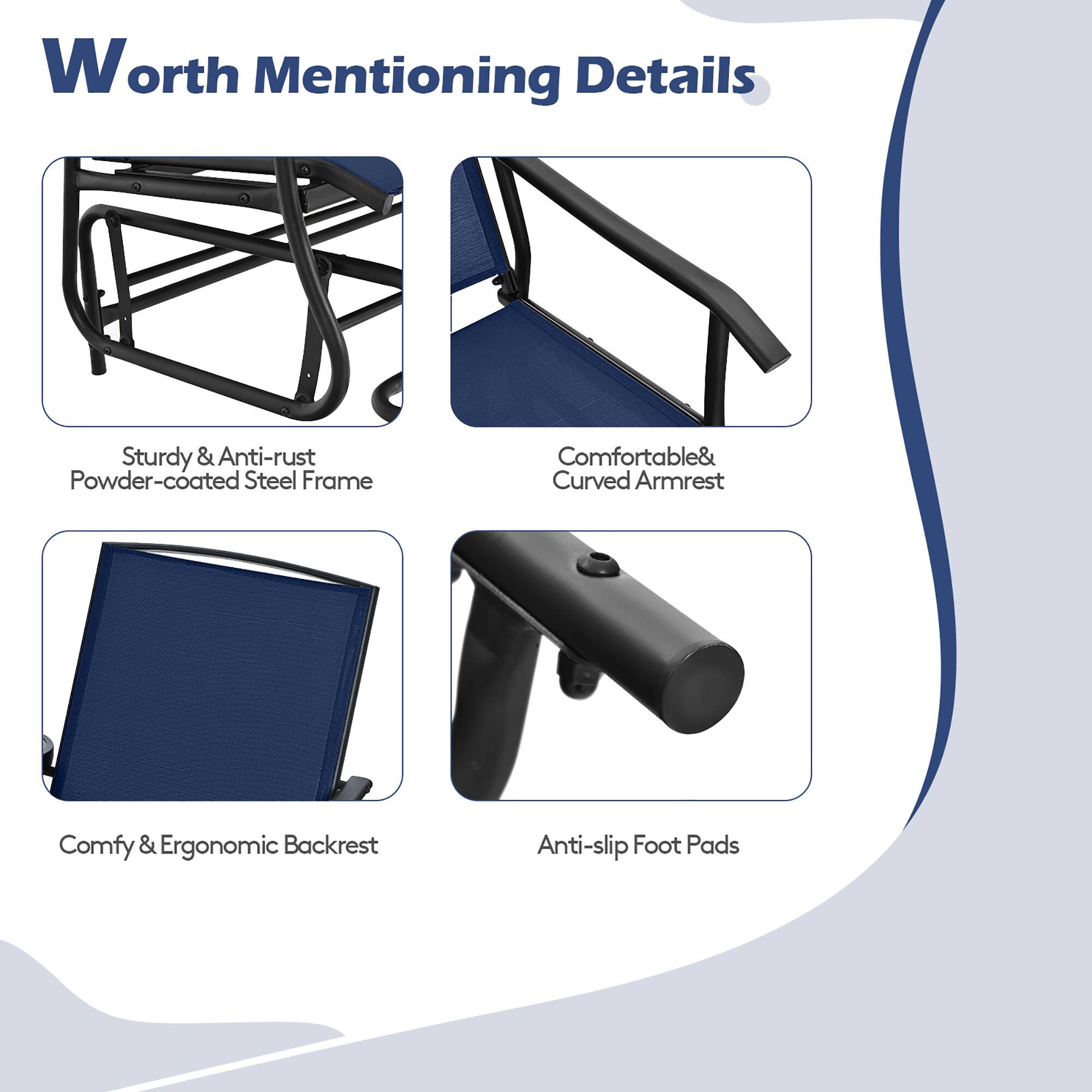 Worth Mentioning Details

- Sturdy & Anti-rust Powder-coated Steel Frame
- Comfortable & Curved Armrest
- Comfy & Ergonomic Backrest
- Anti-slip Foot Pads