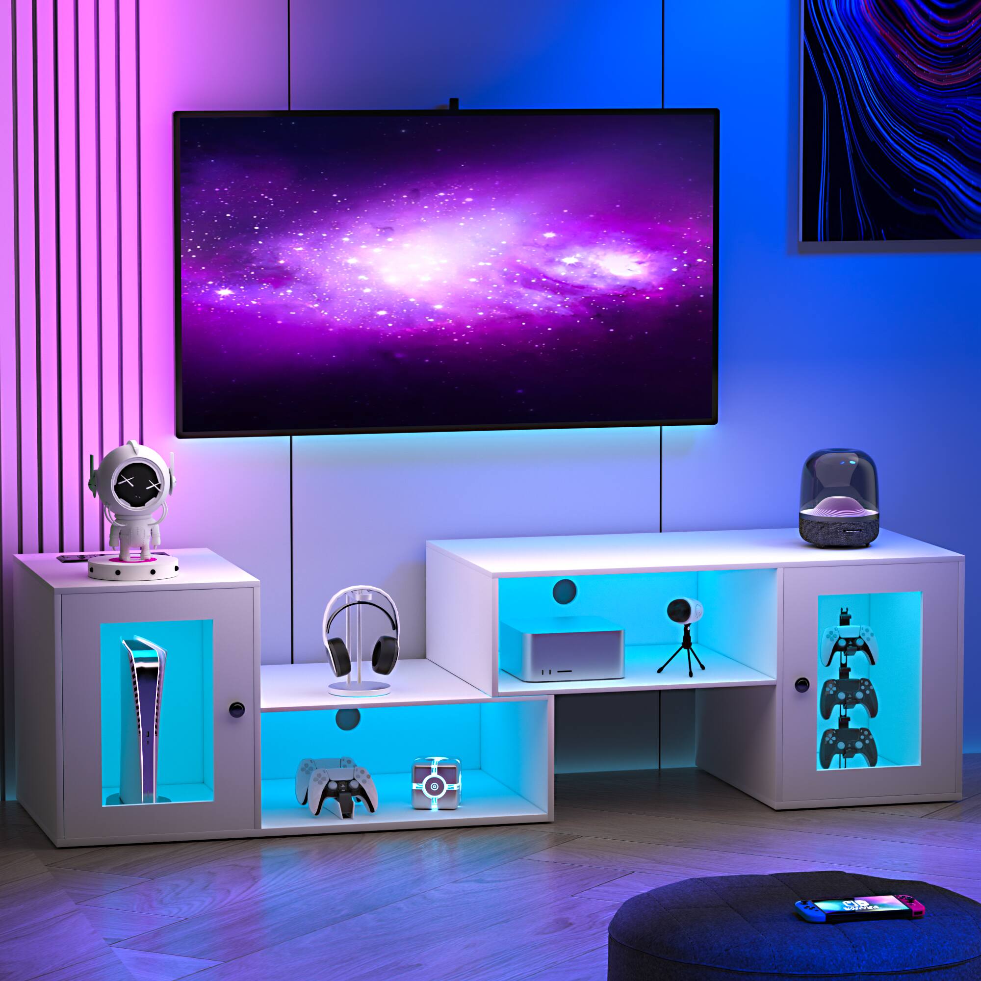 Alt View 2. Vecelo - LED TV Stand with 4 Outlets & USB - Fireproof Entertainment Center for 45-70" TVs, 23 Flashing Modes & Music Sync - White.