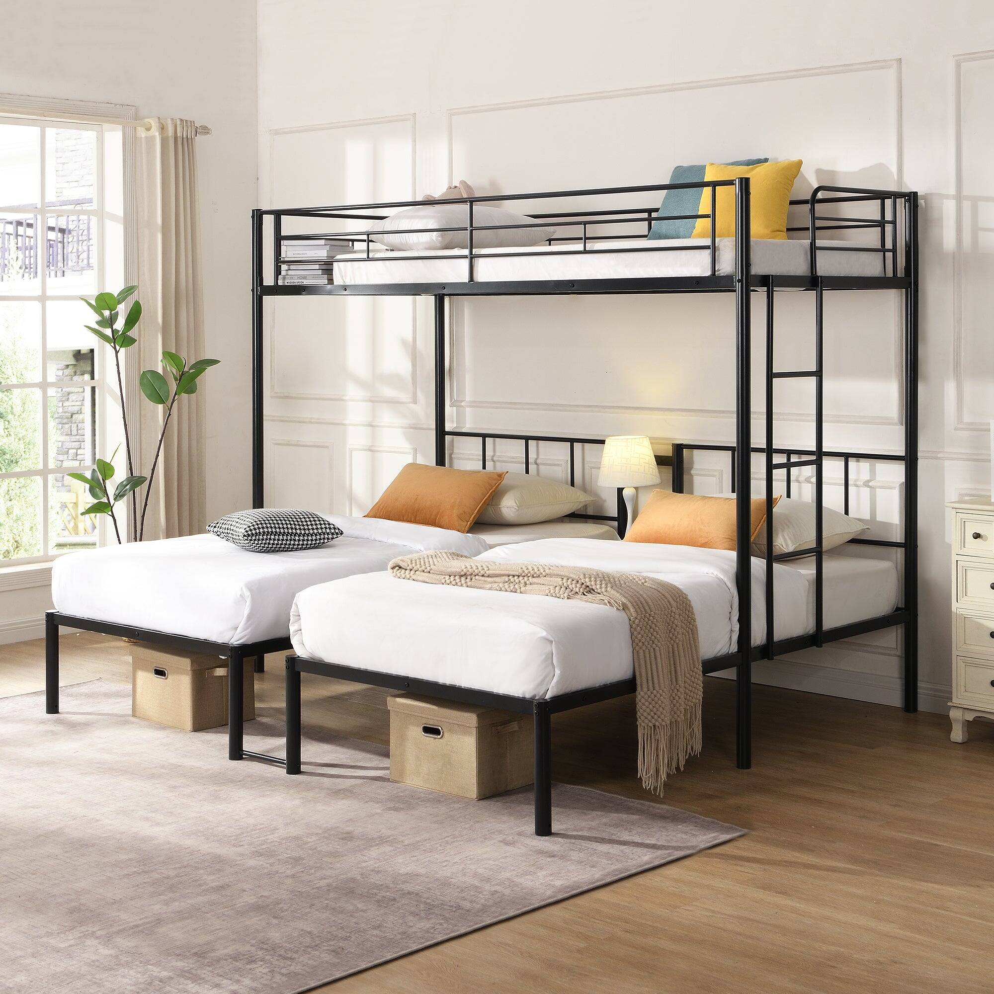 Alt View 3. Boyel Living - Twin Over Twin Over Twin Metal Triple Bunk Bed with Vertical Ladder and Safety Rails - Black.