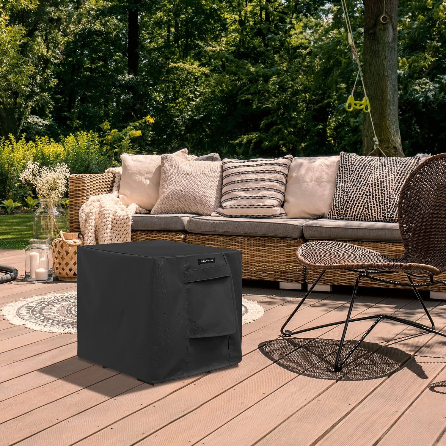 Angle. KHOMO GEAR - Square Table Cover - Waterproof, Heavy-Duty Outdoor Furniture Cover Fits Patio Coffee - 21x17x21 - Black.