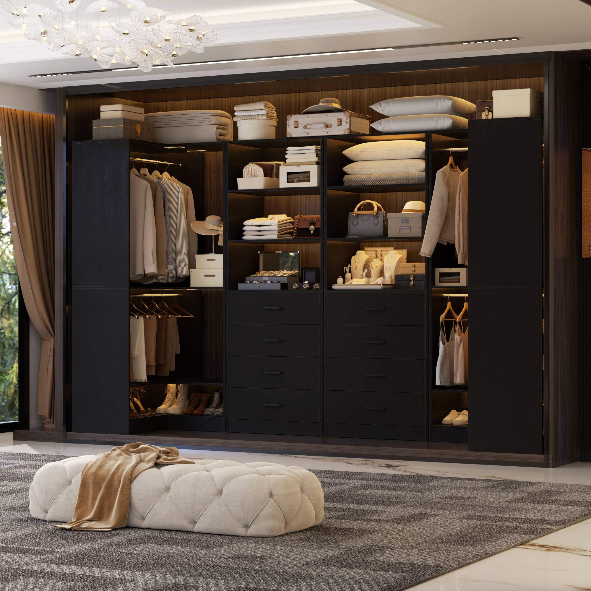 Back. Aheaplus - U-Shaped Closet Organizer System, 104'' W Wardrobe System with 8 Drawers, 4 Hanging Rods & 13 Storage Shelves - Black.