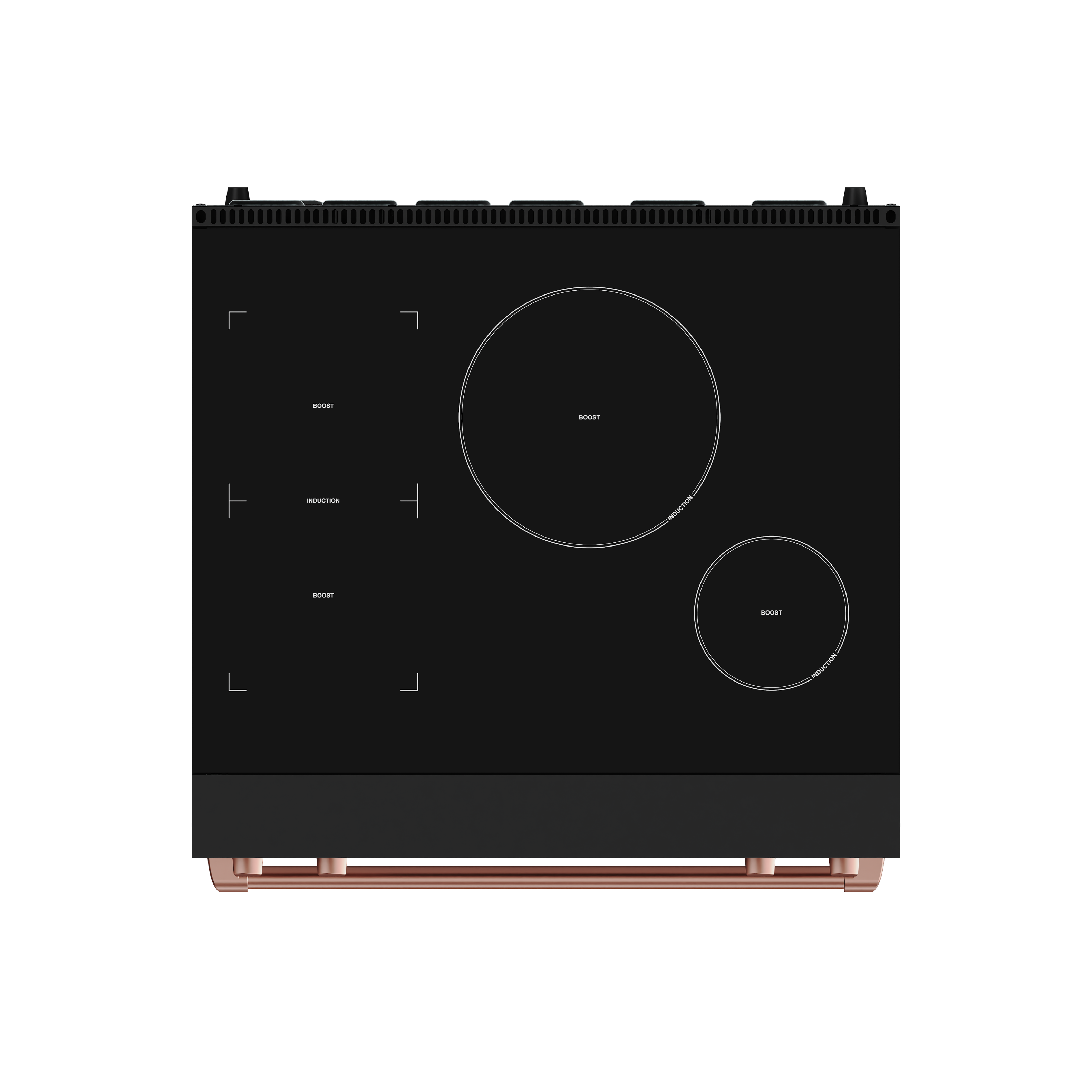 Back. Thor Kitchen - Gordon Ramsay Series by Thor Kitchen 4.8 Cu. Ft Freestanding Induction Range with Rose Gold Hardware - Matte Black.