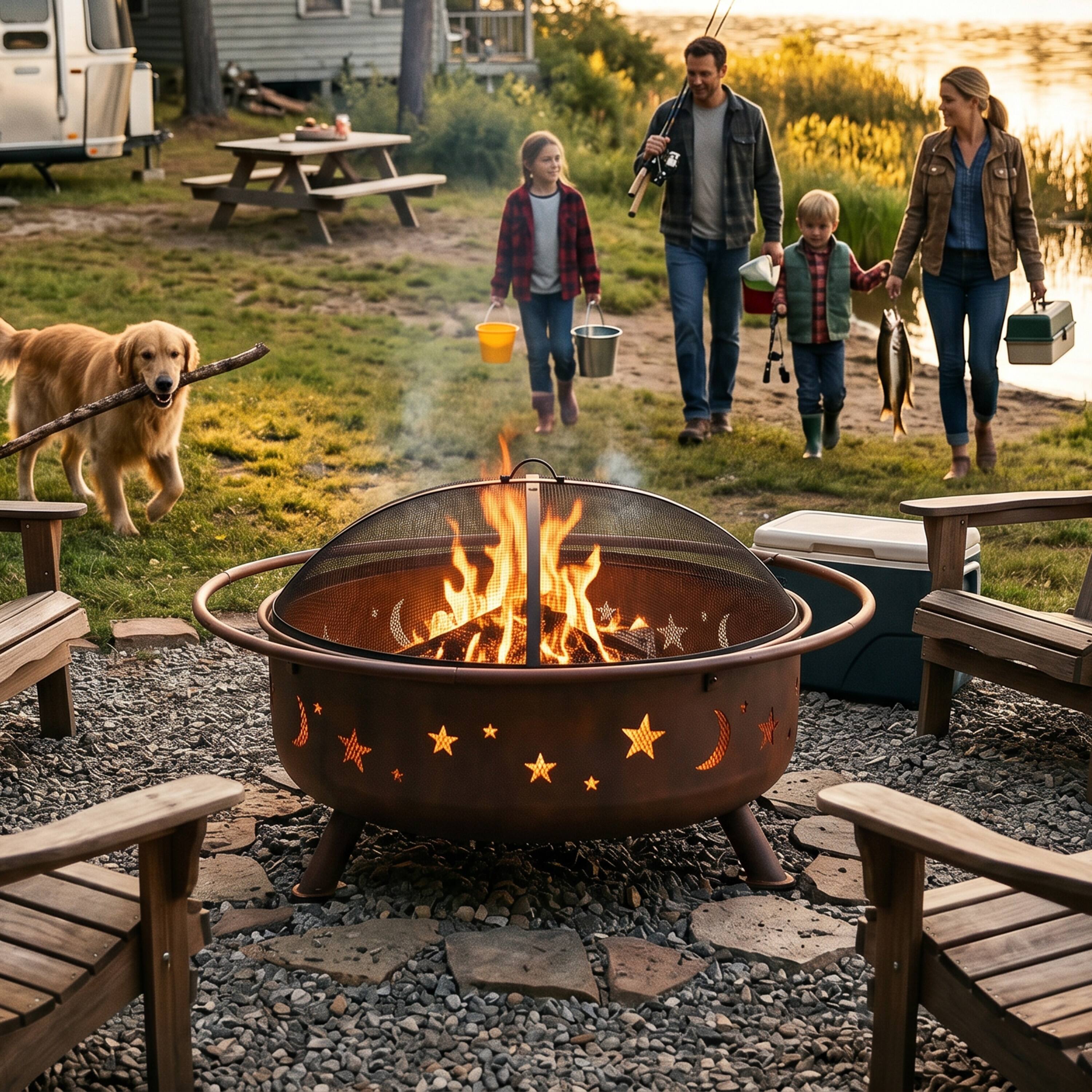 Alt View 10. Sunnydaze - 42 in Cosmic Steel Fire Pit w/Spark Screen/Poker - Bronze.