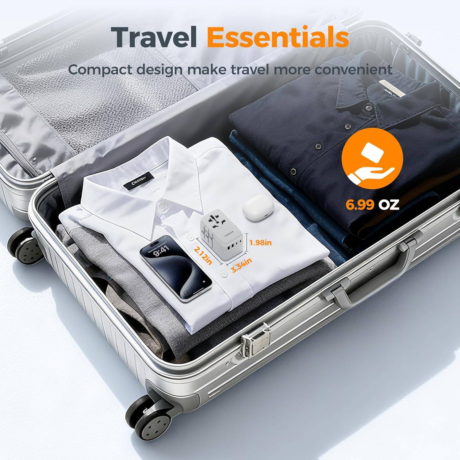 Travel Essentials  
Compact design make travel more convenient  

6.99 OZ  

1.98in  
2.12in  
3.34in