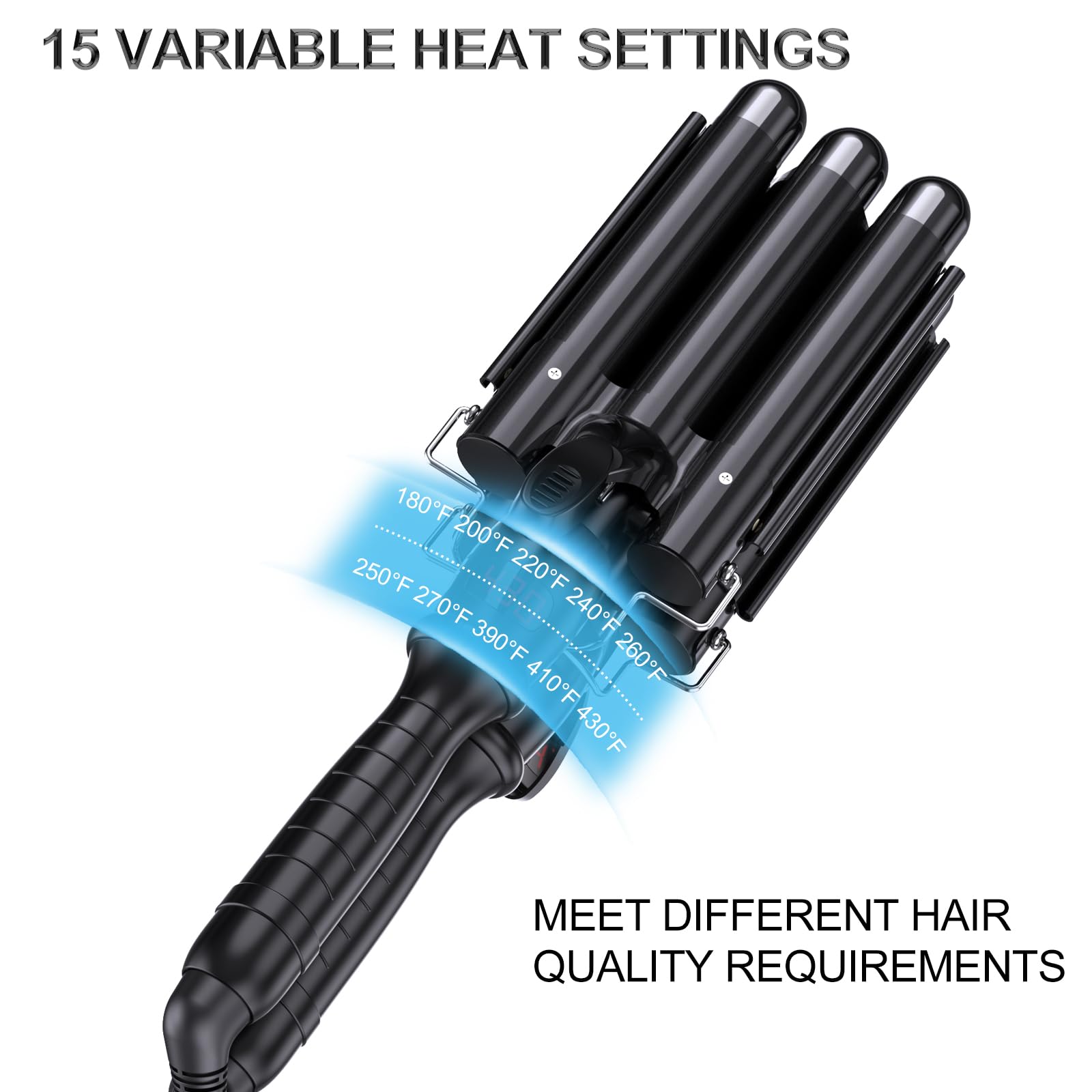15 VARIABLE HEAT SETTINGS

180°F 200°F 220°F 240°F 260°F 270°F 250°F 390°F 410°F 430°F

MEET DIFFERENT HAIR QUALITY REQUIREMENTS