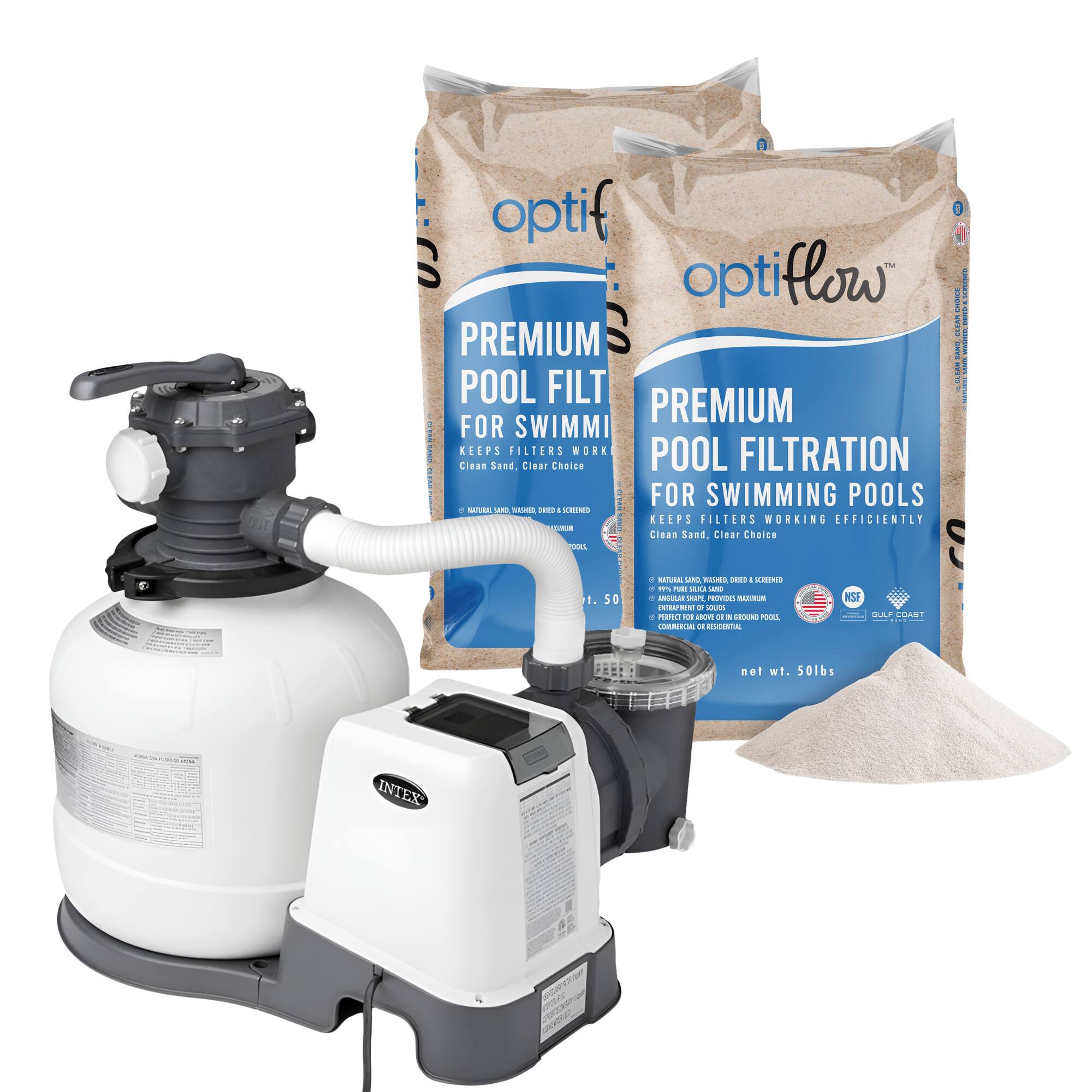 optiflow  
PREMIUM POOL FILTRATION FOR SWIMMING POOLS  
KEEPS FILTERS WORKING EFFICIENTLY  
Clean Sand. Clear Choice  

optiflow  
PREMIUM POOL FILTRATION FOR SWIMMING POOLS  
KEEPS FILTERS WORKING EFFICIENTLY  
Clean Sand. Clear Choice  

NATURAL SAND, WASHED, SCREENED  
100% NATURAL SILICA SAND  
ENTRANCE OF 2005  
PERFECT FOR RESIDENTIAL POOLS  

net wt. 50lbs  

INTEX