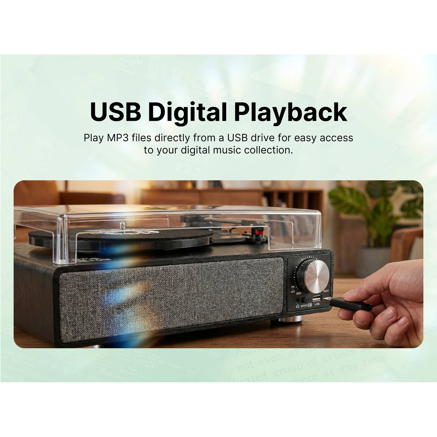 USB Digital Playback  
Play MP3 files directly from a USB drive for easy access to your digital music collection.
