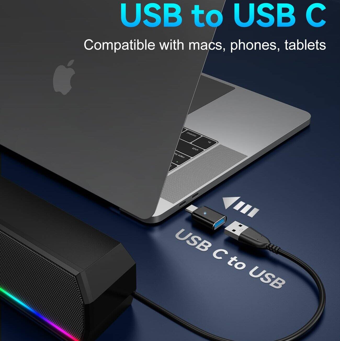 USB to USB C  
Compatible with macs, phones, tablets  

USB C to USB