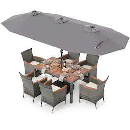 Gymax - 8-Piece Patio Dining Set w/ Double-Sided Market Umbrella Acacia Wood Top - Gray