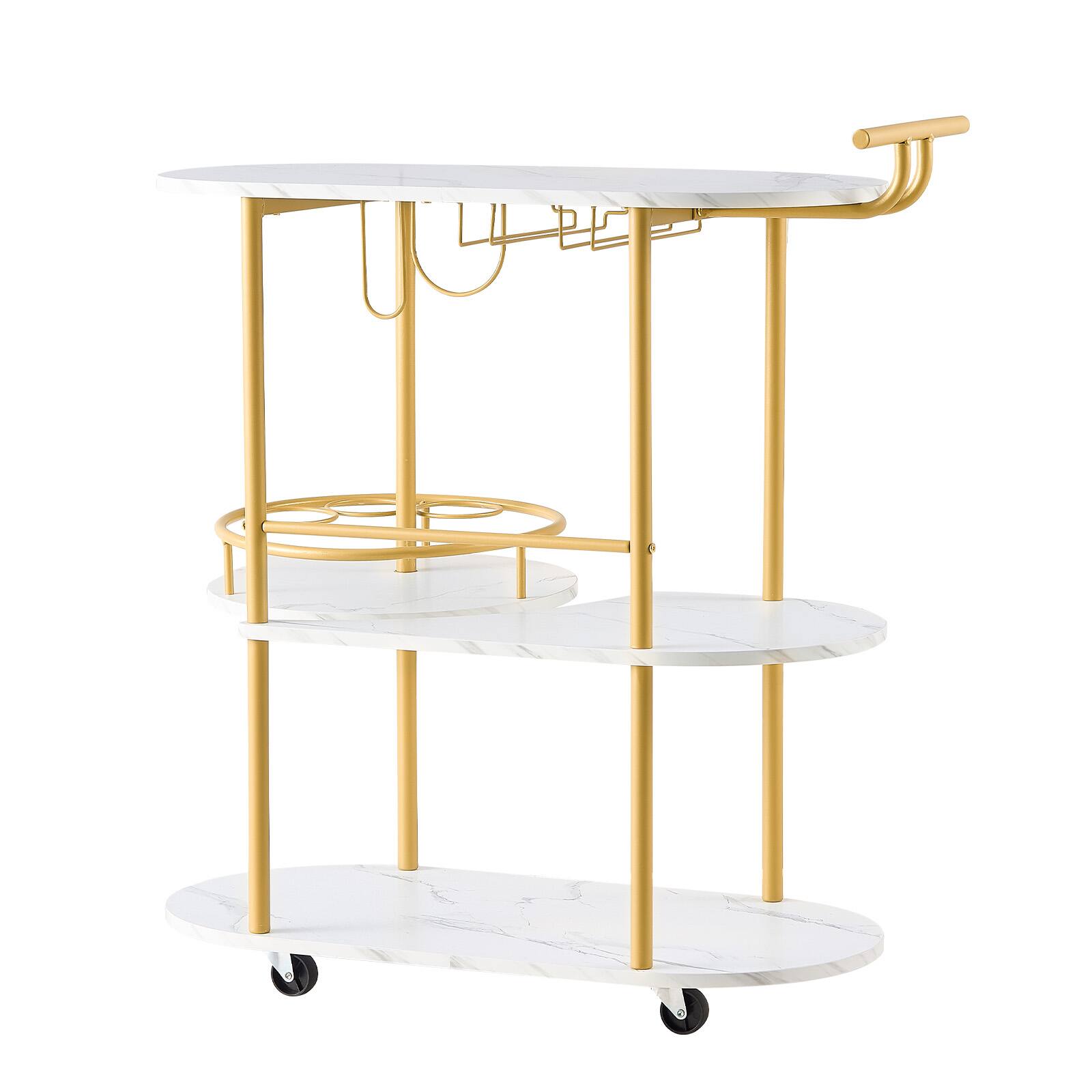 Alt View 5. VEVOR - Bar Cart, 3 Tiers Home Kitchen Serving Carts, Modern Round Rolling Utility Station on Wheels, Mobile Drink Beverage - Gold + Marble White.