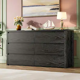 Homhougo - 6 Drawer Dresser for Bedroom, Wide Wood Chest of Drawers Handle Free, Large Modern Dresser Storage Cabinet for Living - Black