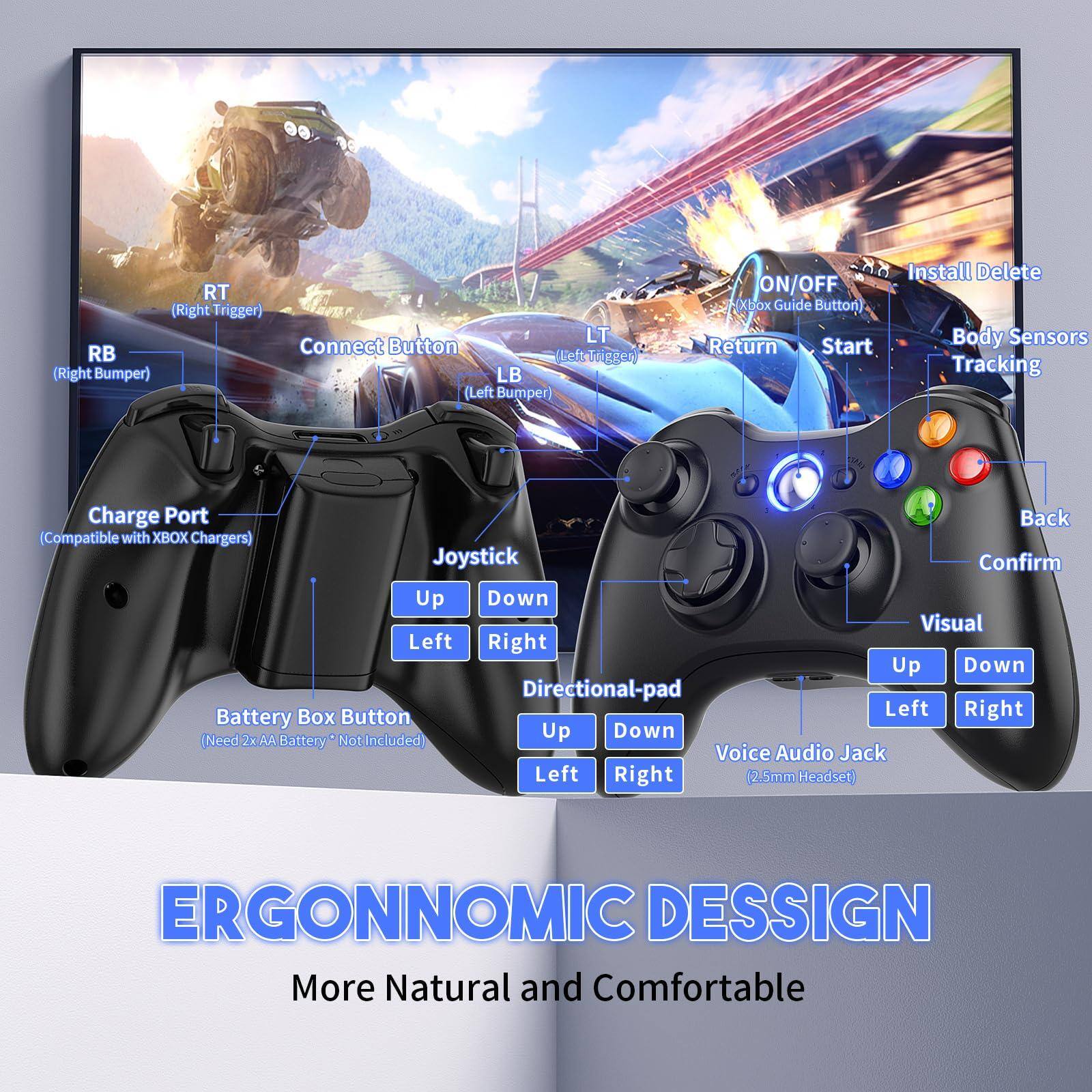 Sure, here is the corrected and grouped text from the image:

---

**RT (Right Trigger)**  
**LT (Left Trigger)**  
**RB (Right Bumper)**  
**LB (Left Bumper)**  
**Connect Button**  
**ON/OFF (Xbox Guide Button)**  
**Return**  
**Start**  
**Install Delete**  
**Body Sensors Tracking**  
**Charge Port (Compatible with XBOX Chargers)**  
**Joystick**  
**Directional-pad**  
**Confirm**  
**Back**  
**Visual**  
**Battery Box Button (Need 2xAA Battery *Not Included*)**  
**Voice Audio Jack (2.5mm Headset)**  
**ERGONOMIC DESIGN**  
**More Natural and Comfortable**

---

This text is organized to match the layout and labels shown in the image.