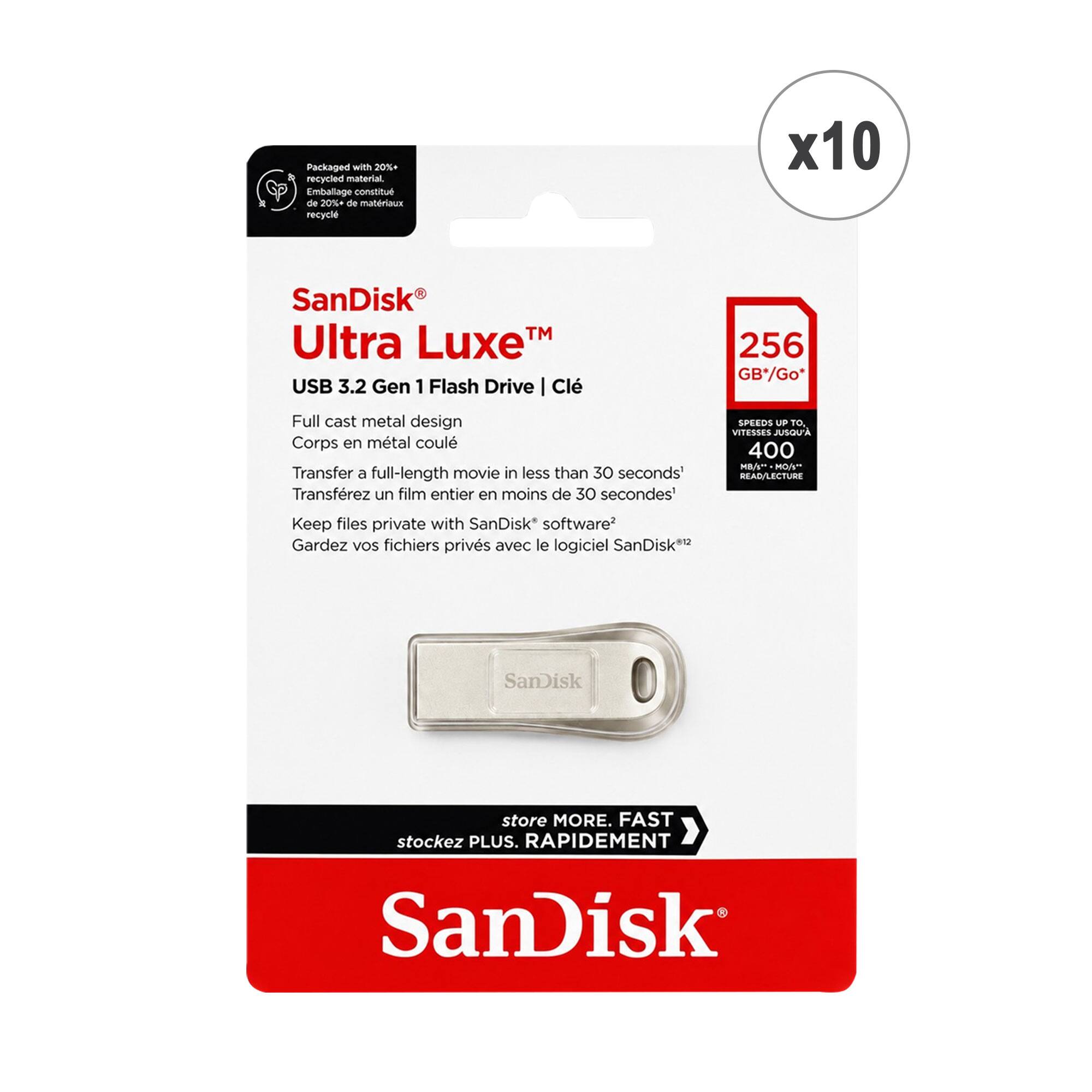 Packaged with 20%+ recycled material  
Emballage constitué de 20%+ de matériaux recyclés  

SanDisk™ Ultra Luxe USB 3.2 Gen 1 Flash Drive | Clé  
Full cast metal design  
Corps en métal coulé  
Transfer a full-length movie in less than 30 seconds  
Transférez un film entier en moins de 30 secondes  

SPEEDS UP TO  
VITESSES JUSQU'A  
400 MB/s READ/LECTURE  

Keep files private with SanDisk™ software  
Gardez vos fichiers privés avec le logiciel SanDisk™  

store MORE. FAST  
stockez PLUS. RAPIDEMENT