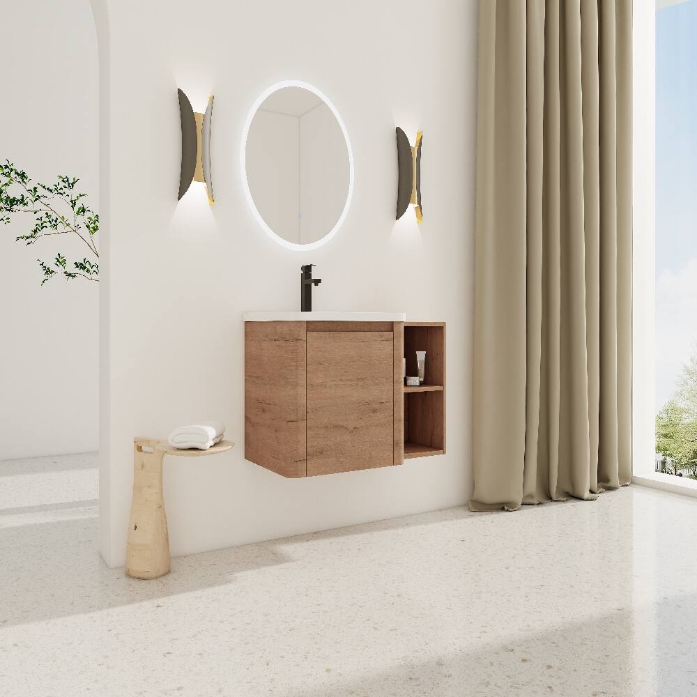 Alt View 1. Loheer - Loheer 36 inch wall mounted bathroom vanity with white ceramic sink and storage shelves, Imitative Oak - Imitative Oak.