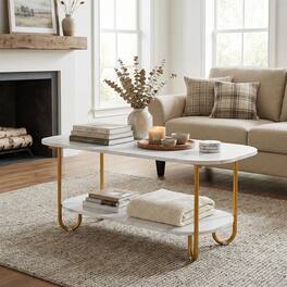 Pefilos - Modern 2-Tier Faux Marble Top Coffee Table, Stylish Center Table with Metal Frame & Storage Shelf for Living Room - White