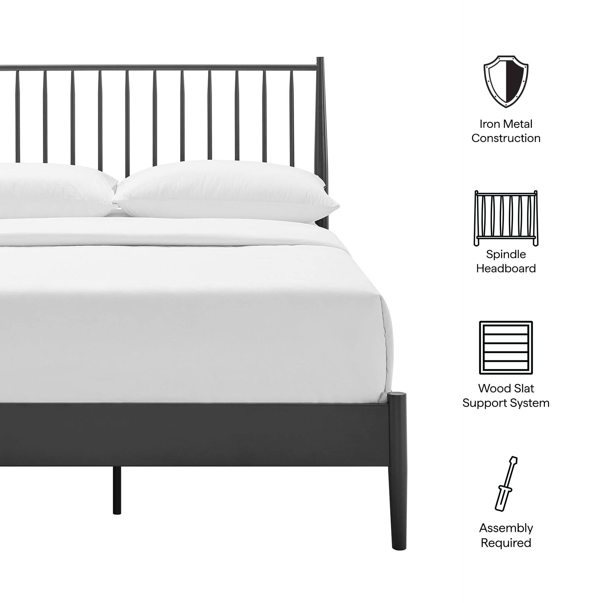 - Iron Metal Construction
- Spindle Headboard
- Wood Slat Support System
- Assembly Required