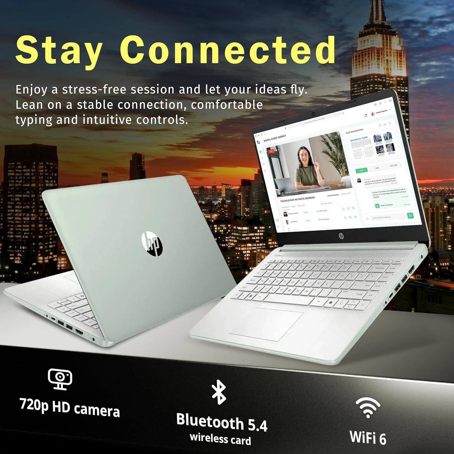 Stay Connected

Enjoy a stress-free session and let your ideas fly. Lean on a stable connection, comfortable typing and intuitive controls.

- 720p HD camera
- Bluetooth 5.4 wireless card
- WiFi 6