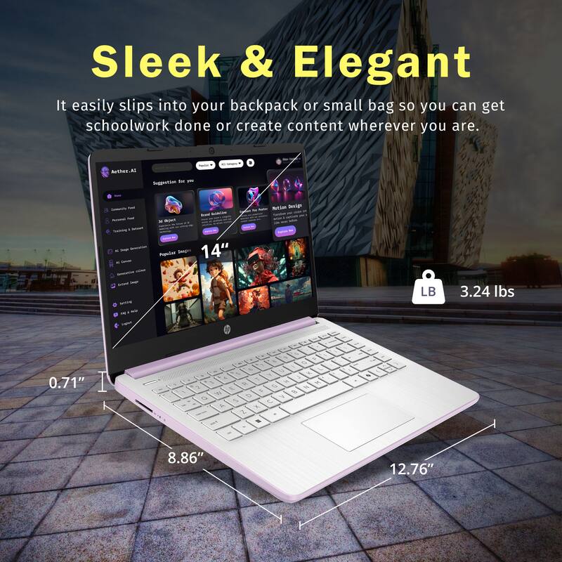 Sleek & Elegant  
It easily slips into your backpack or small bag so you can get schoolwork done or create content wherever you are.  

Anthes.AI - Suggestion for you  

14"  
0.71"  
8.86"  
12.76"  
3.24 lbs