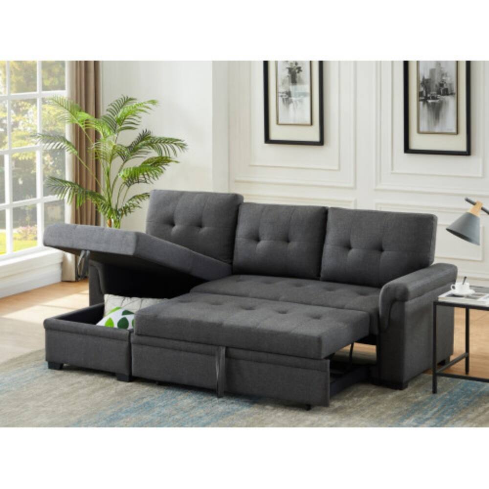 LUCKY ONE - 84" Dark Gray Linen Reversible Sleeper Sectional Sofa with Storage Chaise, Pull-Out Bed, Tufted Cushions - Dark Gray