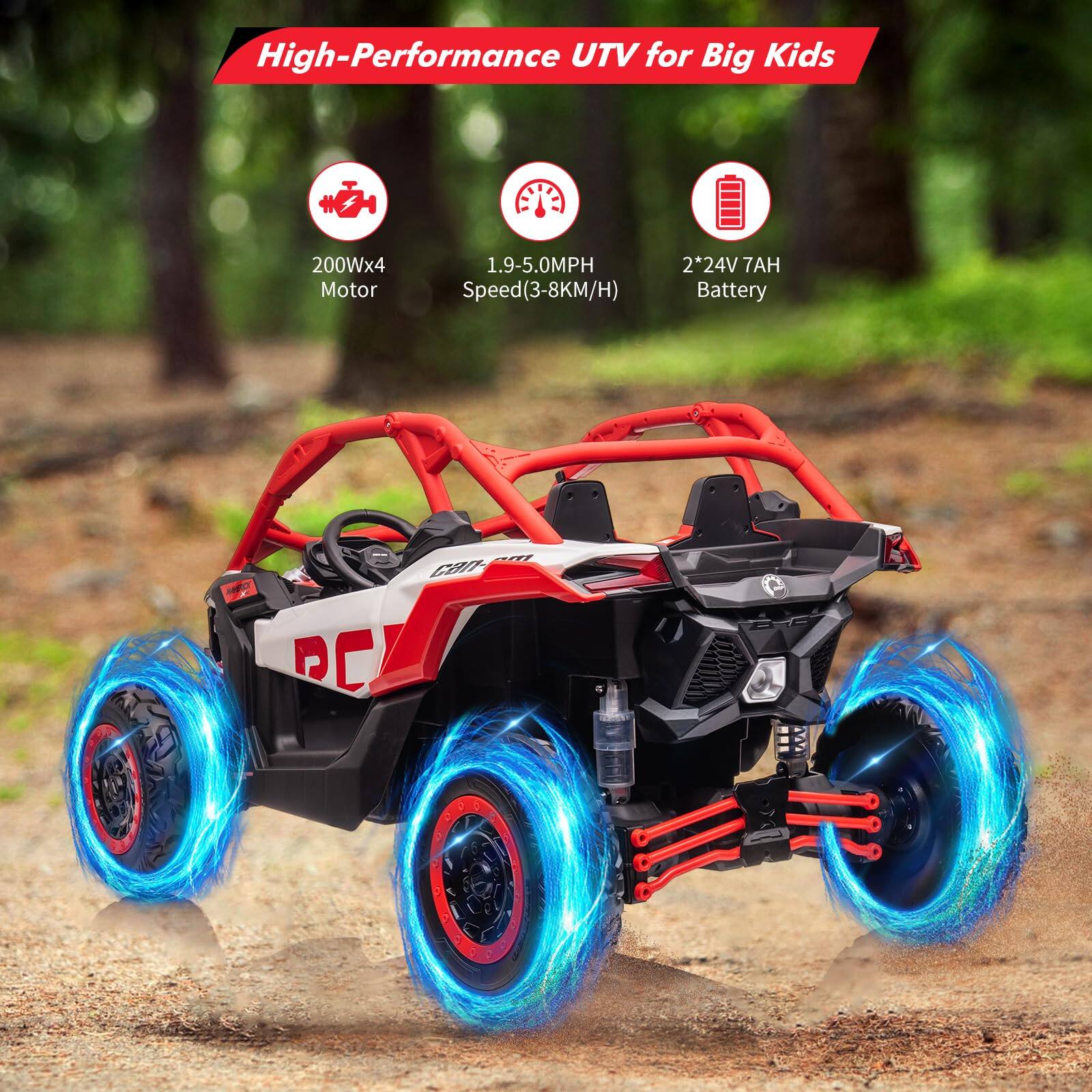 High-Performance UTV for Big Kids

- 200Wx4 Motor
- Speed: 1.9-5.0MPH (3-8KM/H)
- 2x24V 7AH Battery