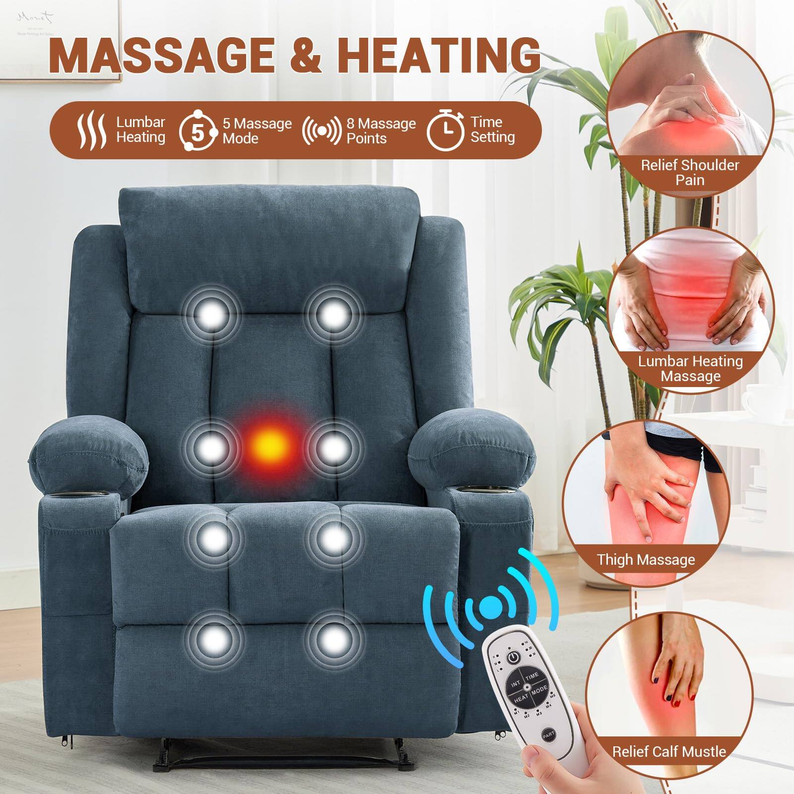 MASSAGE & HEATING

- Lumbar Heating
- 5 Massage Mode
- 8 Massage Points
- Time Setting

Relief Shoulder Pain
Lumbar Heating Massage
Thigh Massage
Relief Calf Muscle