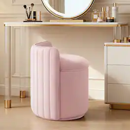 KERDOM - Swivel Vanity Chair with Storage, Removable Seat Cushion, Upholstered Velvet Makeup Chair, Small Barrel Accent Stool - Pink