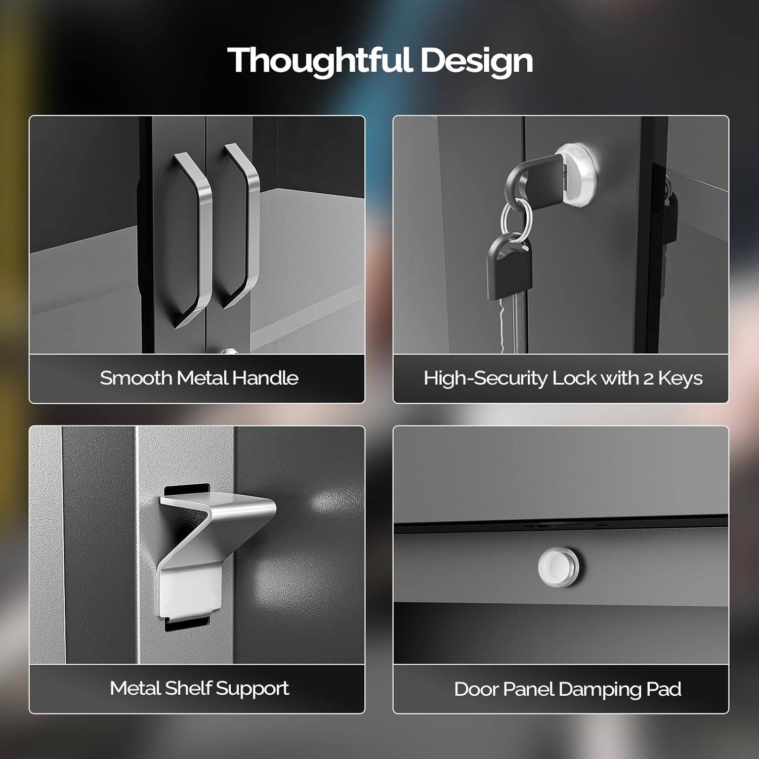 Thoughtful Design

- Smooth Metal Handle
- High-Security Lock with 2 Keys
- Metal Shelf Support
- Door Panel Damping Pad