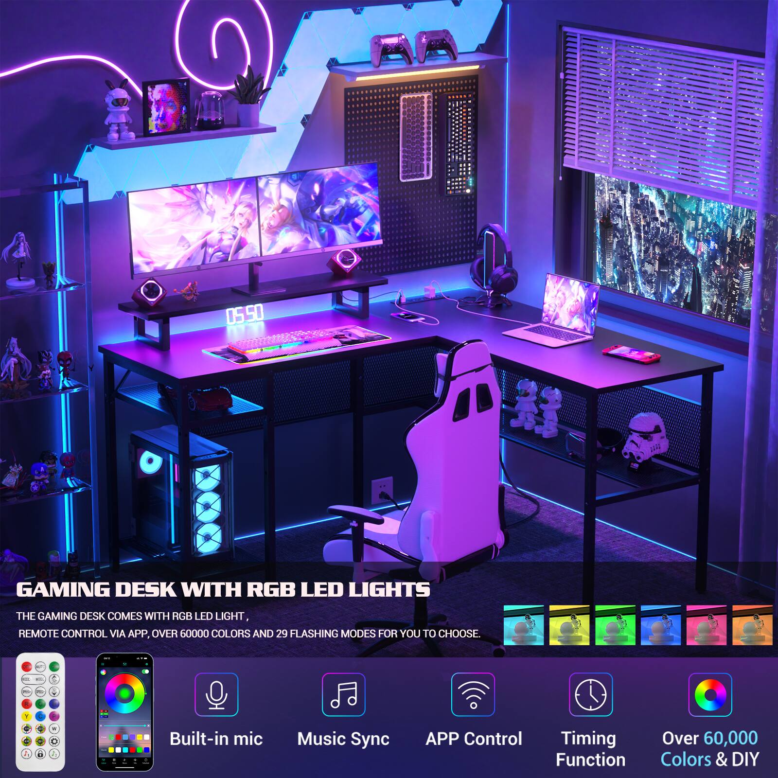 GAMING DESK WITH RGB LED LIGHTS

THE GAMING DESK COMES WITH RGB LED LIGHT, REMOTE CONTROL VIA APP. OVER 60,000 COLORS AND 29 FLASHING MODES FOR YOU TO CHOOSE.

- Built-in mic
- Music Sync
- APP Control
- Timing Function
- Over 60,000 Colors & DIY