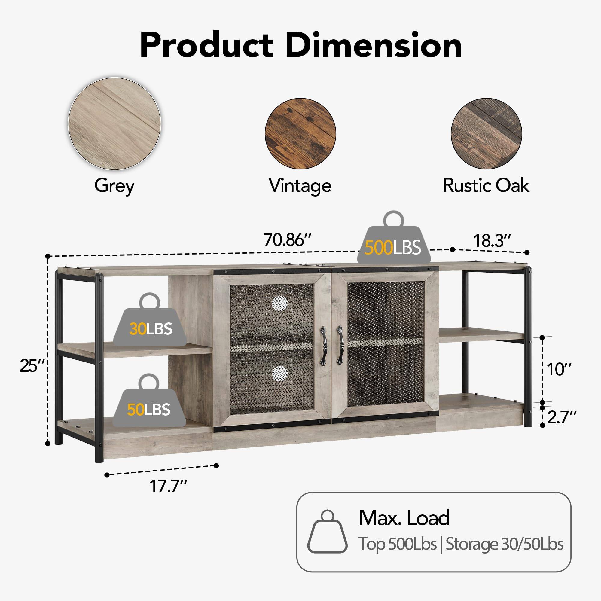 Product Dimension

- Grey
- Vintage
- Rustic Oak

Dimensions:
- Height: 70.86"
- Width: 18.3"
- Depth: 25"
- Shelf Depth: 10"
- Shelf Height: 2.7"
- Overall Depth: 17.7"

Weight Capacity:
- Top: 500LBS
- Shelf 1: 30LBS
- Shelf 2: 50LBS

Max. Load:
- Top: 500Lbs
- Storage: 30/50Lbs