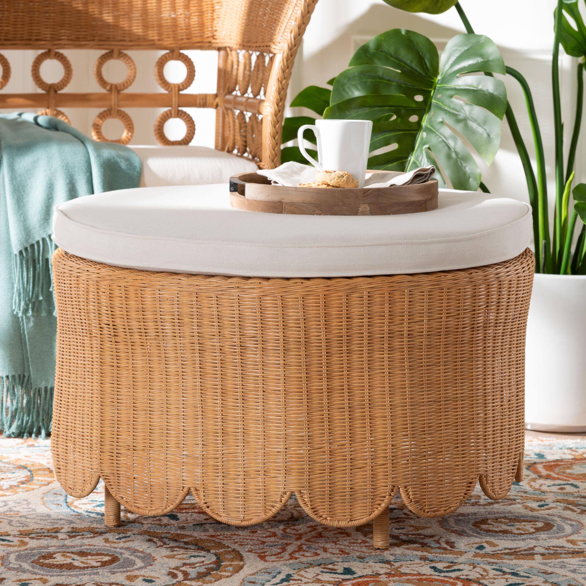 Back. bali & pari - Teresa Bohemian Scalloped Rattan Ottoman - Light Honey.