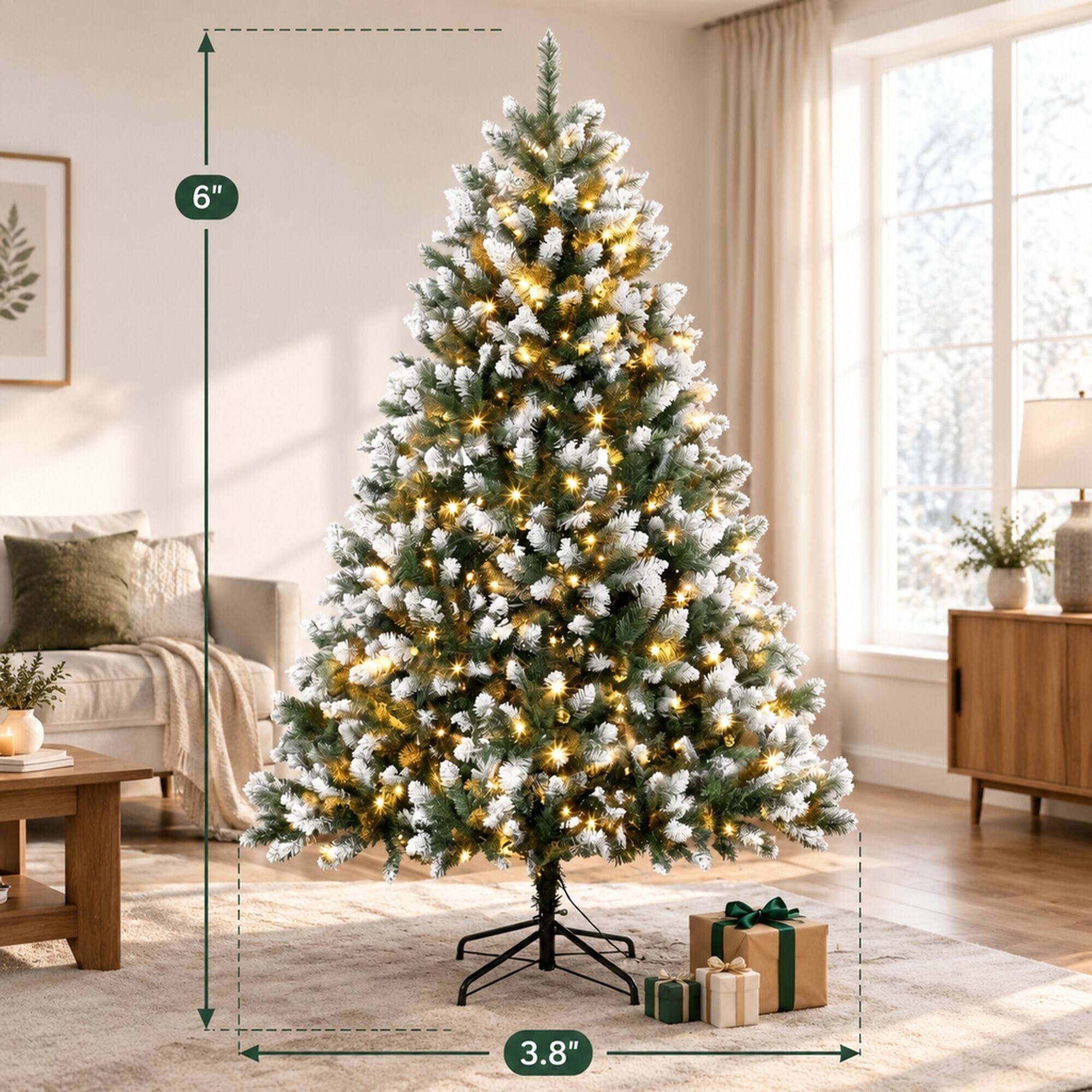 Alt View 3. RYHNUYNE - 6FT Pre-Lit White-Tipped Artificial Christmas Tree With 1020 Lush Tips and Hinged Full Body - Green,White.