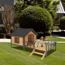 TinyHomie - Outdoor Large Wooden Cabin Dog Kennel with Porch Iron Frame - Brown
