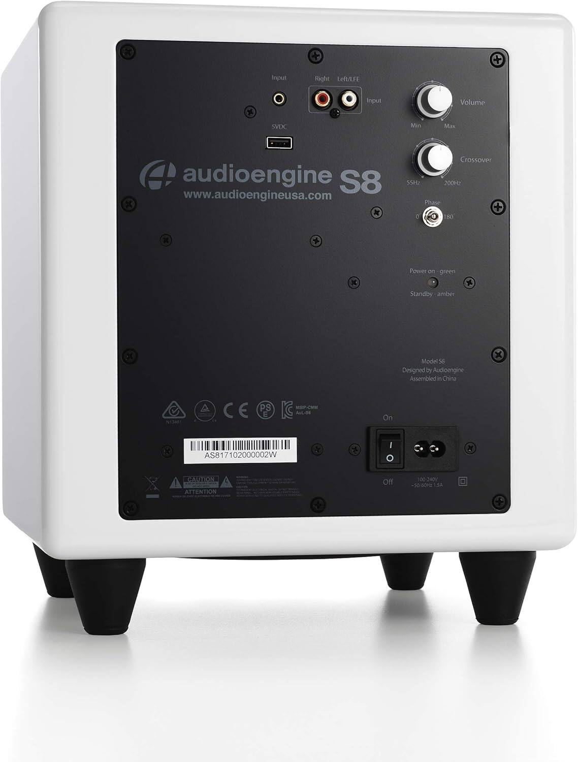 - Input Right Left/LFE
- Input Volume
- SVDC
- Crossover 55Hz 200Hz
- Phase 0 180
- Power on green
- Standby amber
- Model S8
- Designed by Audioengine
- Assembled in China
- www.audioengineusa.com
- On/Off
- 100-240V
- CAUTION ATTENTION
- AS817102000002W