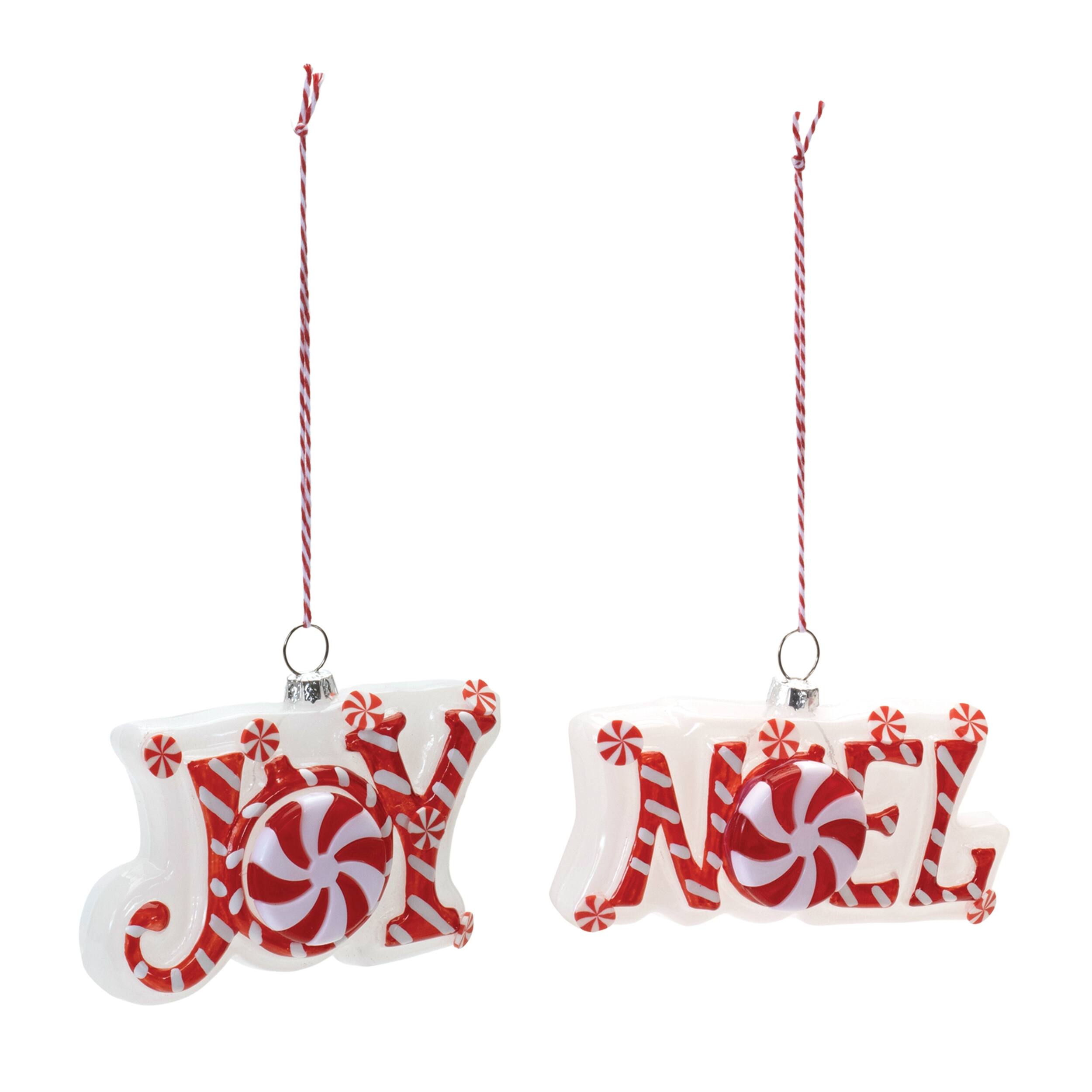 Angle. BreeBe - Glass Peppermint Joy and Noel Ornament (Set of 6) - Red, White.